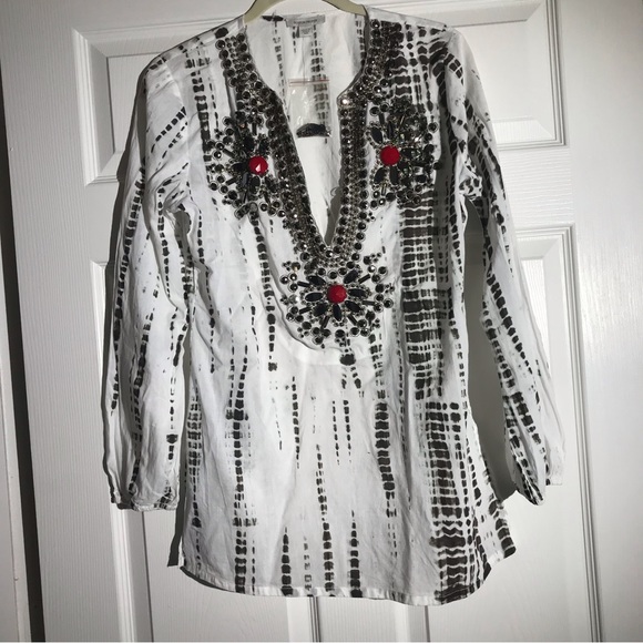 Boston Proper Tops - Boston Proper Tie Dye Embroidery Beads Tunic Blouse 
Small
White and Gray